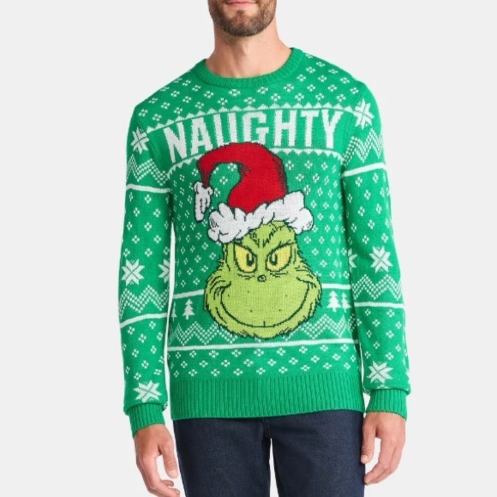 Grinch Naughty Christmas Sweater NEW 2X 3X Santa Hat Green Men